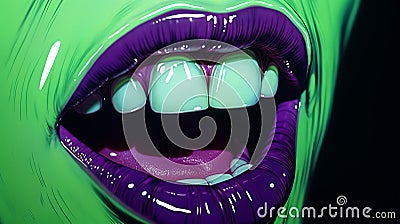 Vibrant Hyper-realistic Pop-art Fusion: Green Character's Purple Teeth Cartoon Illustration