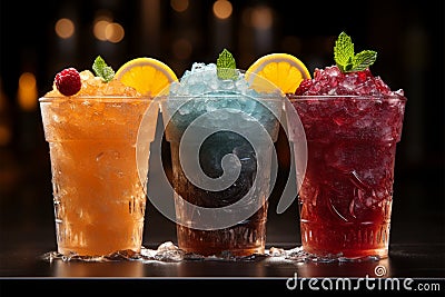 Vibrant icy fruit slush, chilled in cups Colorful refreshment, frozen delight Stock Photo