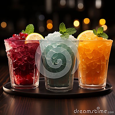 Vibrant icy fruit slush, chilled in cups Colorful refreshment, frozen delight Stock Photo