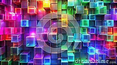 Vibrant, illuminated cube array a colorful, abstract 3d geometric design featuring glossy, translucent blocks in a varied spectrum Stock Photo