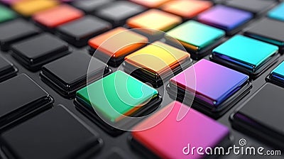 Vibrant illuminated square buttons on a control panel, symbolizing interactive technology, colorful interface design, and the a Cartoon Illustration