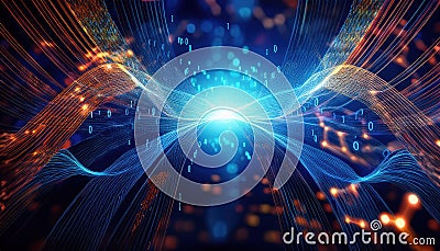 vibrant illustration of binary code streams flowing through glowing neural network, creating sense of dynamic energy and Cartoon Illustration