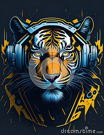Vibrant illustration captured the essence of a colorful tiger its fierce face adorned with a pair of stylish headphones exuding a Cartoon Illustration
