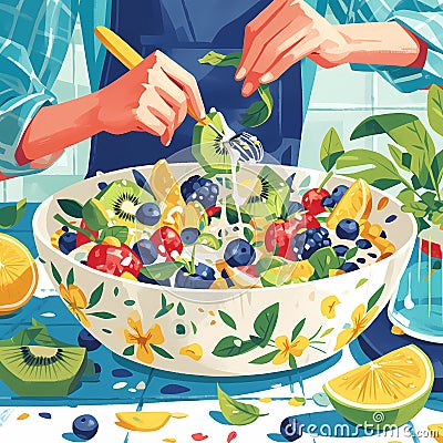 Fresh Fruit Salad Delight Cartoon Illustration