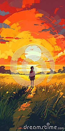 Dreamy Anime Art: A Person Walking Through A Sunset Field Cartoon Illustration