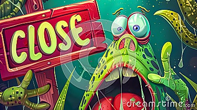 Cartoon monster with closed sign Cartoon Illustration