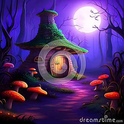 Vibrant illustration of mushroom house in a mystical forest, with lots of details, created by AI generator Cartoon Illustration