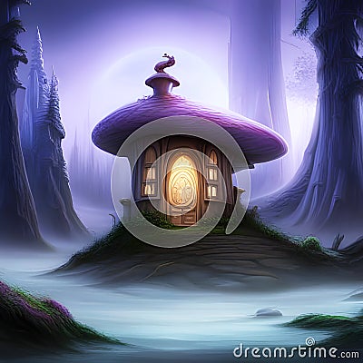 Vibrant illustration of mushroom house in a mystical forest, with lots of details, created by AI generator Cartoon Illustration