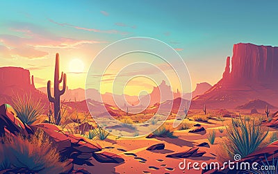 Vibrant illustration of a serene desert landscape, showcasing undulating sand dunes and a majestic mountain under the Cartoon Illustration