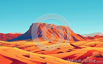 Vibrant illustration of a serene desert landscape, showcasing undulating sand dunes and a majestic mountain under the Cartoon Illustration