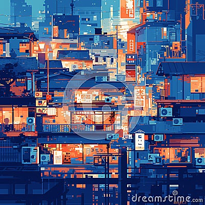 Vibrant Tokyo Street Scene - Urban Life Illustrated Cartoon Illustration