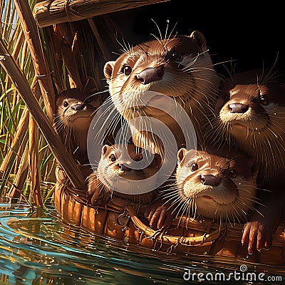 Endearing Otter Family in a Raft - Adobe Stock Stock Photo