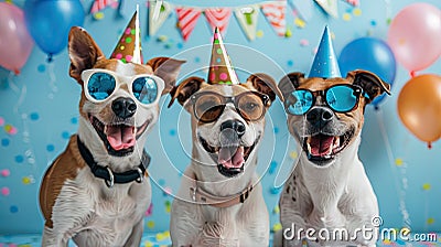Canine Celebration on a Serene Blue Backdrop: Joyful Dogs Revel in Good Times Stock Photo