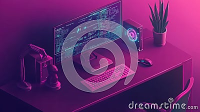 Neon Pink AI Coder's Desk Stock Photo