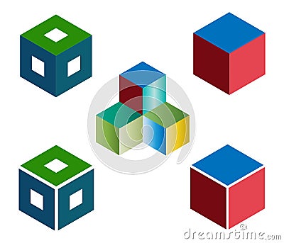 Cube icons. 3d colorful cube symbols. Abstract geometric design featuring interconnected cubes in various colors. Vector Illustration