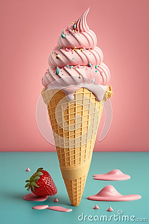 ice cream in Waffle cone sundae scoops with chocolate sauce, Vanilla, Strawberry, Delicious cream dessert Stock Photo