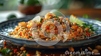 Spicy Shrimp Pad Thai with Crushed Peanuts & Lime Wedges on Ceramic Plate Stock Photo