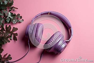 Ai Generative Purple headphones on pink background. Music concept. Top view Stock Photo