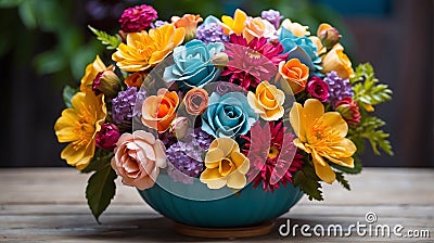 This vibrant image showcases a stunning arrangement of flowers in a charming blue vase Stock Photo