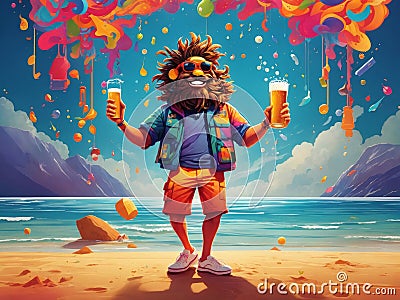 Fantasy illustration of person with beer on the beach full of color Stock Photo