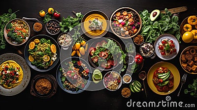 A vibrant image for World Vegan Day, a bountiful table filled with colorful, plant-based dishes, AI generated Stock Photo