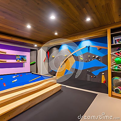 A vibrant and interactive playroom with a climbing wall, a slide, and a dedicated arts and crafts area5, Generative AI Stock Photo