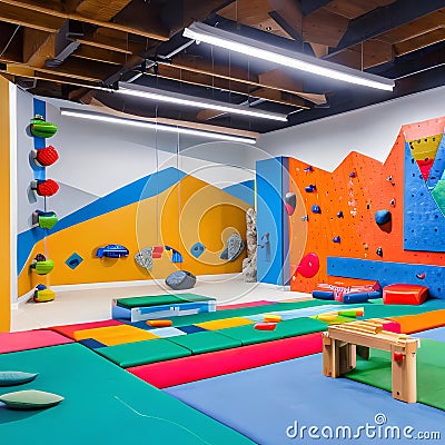 A vibrant and interactive playroom with a climbing wall, a slide, and a dedicated arts and crafts corner2, Generative AI Stock Photo