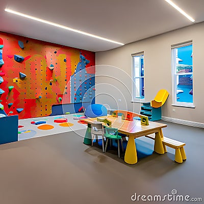 A vibrant and interactive playroom with a climbing wall, a slide, and a dedicated arts and crafts corner1, Generative AI Stock Photo