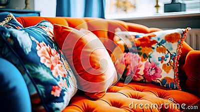 vibrant interior design with colored sofa and cushions Stock Photo