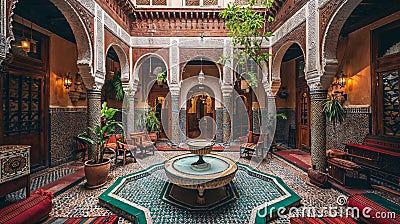 Vibrant interior of a traditional Marrakech riad, showcasing ornate tile work, richly colored fabrics, and a central courtyard Stock Photo