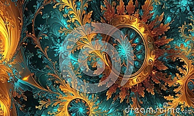 vibrant, intricate digital artwork features central circular design surrounded by complex pattern overlapping Stock Photo
