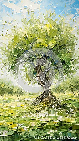 Impressionist Landscape: Olive Tree In High Detail Oil Painting Stock Photo