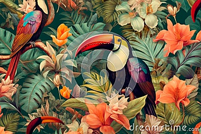 Vibrant Jungle Symphony: Toucans in a Tropical Garden Stock Photo