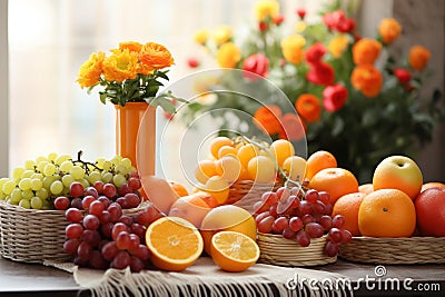 Vibrant Kitchen Scene. An Array of Mouthwatering Fruits and Juicy Grapes on a Sunlit Table Stock Photo