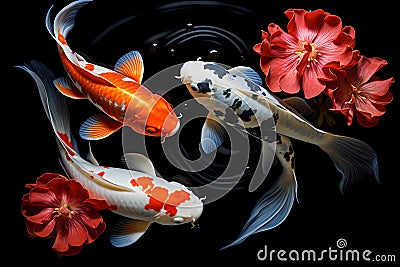 Vibrant koi fish gracefully navigate the crystal-clear waters of a tranquil pond Stock Photo