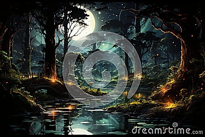 Vibrant landscape of dark wood illuminated with warm, glowing light, AI-generated. Stock Photo