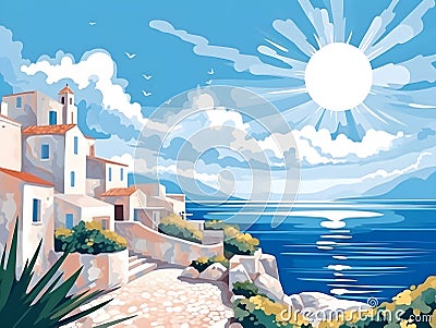 Vibrant landscapes of the Mediterranean coast, depicting white-washed village - generative AI Stock Photo
