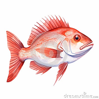 Realistic Watercolor Clipart Of Red Snapper Fish On White Background Cartoon Illustration