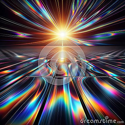 Colorful Rays Emanate from a Central Point Over a Reflective Grid, generative ai Stock Photo