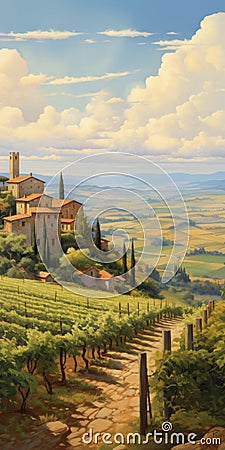 Italian Vineyard Landscape Painting With Dalhart Windberg Style Stock Photo