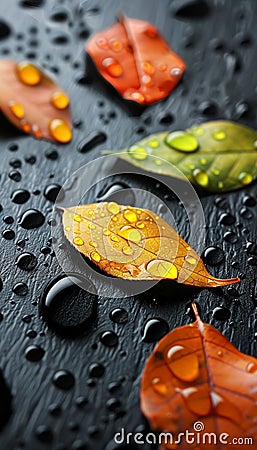 Vibrant macro background of colorful wet surface with water droplets reflections Stock Photo