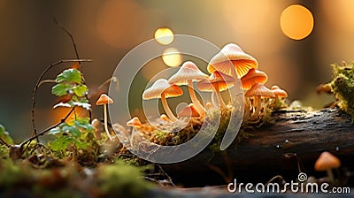 Vibrant macro mushrooms surrounded by enchanted forest scenery with ample copy space Stock Photo
