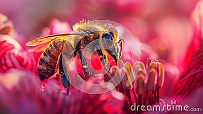 Vibrant macro photography bee pollinating flowers with stunning detail and sharpness Stock Photo