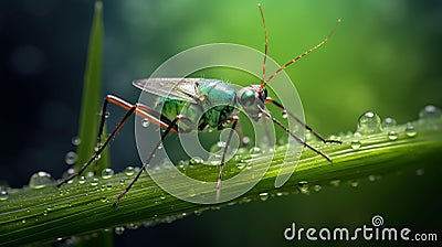 Vibrant Macro Photography Of A Green Aphid On Dewy Grass Stock Photo