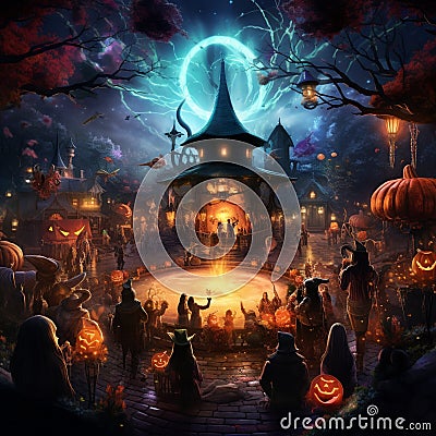 Vibrant and Magical Halloween-Themed Party Scene with Bubbling Cauldron and Diverse Costumed Party-Goers Stock Photo