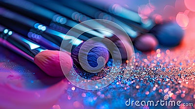 Vibrant makeup brushes in macro beauty photography with creative lighting techniques Stock Photo