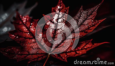 Vibrant maple leaf, wet with rain drops generated by AI Stock Photo