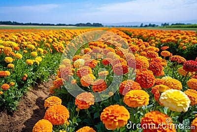 Vibrant Marigold Farm With Rows Of Colorful Blooms. Generative AI Stock Photo