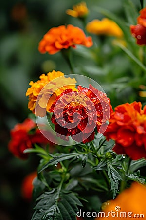 Vibrant Marigold Flowers with Dew Drops Stock Photo