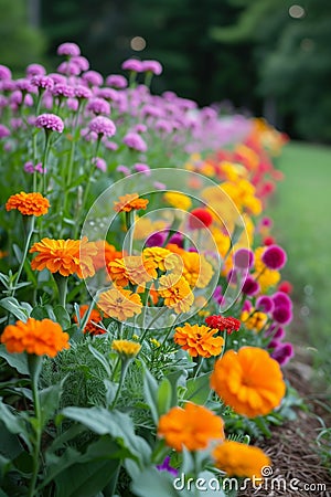 Vibrant marigolds and nasturtiums, providing a colorful border and natural pest control Stock Photo
